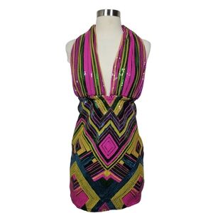 NWT Fashion Nova Vibrant Multicolor Sequin Halter Mini Bodycon Dress Size Medium